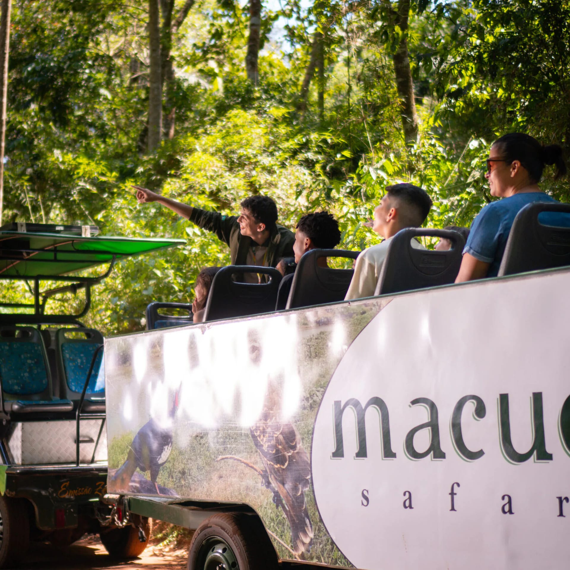 Veículo elétrico atravessando a mata no Macuco Safari